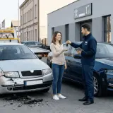Kobieta odbiera kluczyki do auta zastępczego z OC sprawcy od pracownika serwisu. Obok stoi uszkodzony samochód.