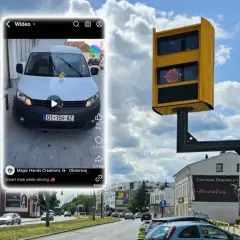 Chcesz wiedzieć, jak zapłacić mandat z fotoradaru? Na ekranie widać biały bus i żółty fotoradar.