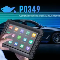 Diagnostyka P0349: czujnik położenia wału objawy. Tablet diagnostyczny pokazuje błąd czujnika wału korbowego.