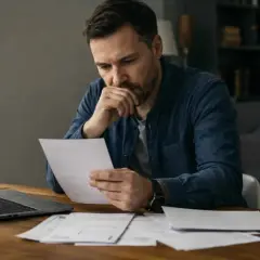Mężczyzna zamyślony czyta dokumenty, martwiąc się o kary UFG. Na biurku laptop i kubek.