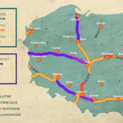 Mapa Polski z zaznaczonymi odcinkami autostrad. Widać, które są płatne, istniejące, w budowie i planowane. Opłaty za autostradę A4 dla motocykla i samochodu.