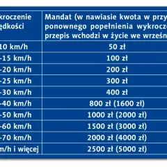 Taryfikator mandatów za przekroczenie prędkości. Od 50 zł za 10 km/h za dużo, do 2500 zł za jazdę o 71 km/h i więcej.