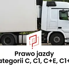 Biała ciężarówka z naczepą. Tekst: Prawo jazdy kategorii C, C1, C+E, C1+E. Marzysz o karierze kierowcy tira?