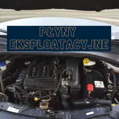 Widok otwartej maski samochodu z widocznym silnikiem i napisami "PŁYNY EKSPLOATACYJNE".