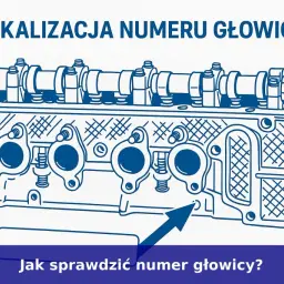 Schematyczna głowica silnika z zaznaczonym miejscem, gdzie znajduje się numer silnika. Strzałka wskazuje lokalizację numeru.
