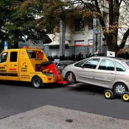 Żółta laweta holuje srebrny samochód, który zaparkował na zakazie. Mandat za parkowanie na zakazie jest nieunikniony.