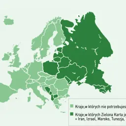 Mapa Europy i okolic. Jasnozielone kraje nie wymagają Zielonej Karty. Ciemnozielone kraje, jak Rosja, Białoruś, Ukraina, Iran, Izrael, Maroko, Tunezja, Turcja, wymagają jej.