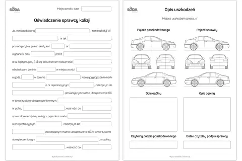 Oświadczenie sprawcy szkody: formularz do wypełnienia przez sprawcę kolizji, zawierający dane kierowcy, pojazdu i opis zdarzenia.