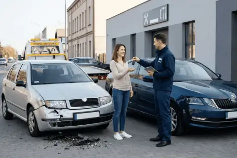 Kobieta odbiera kluczyki do auta zastępczego z OC sprawcy od pracownika serwisu. Obok stoi uszkodzony samochód.