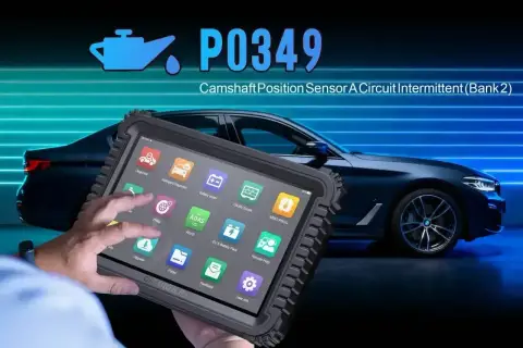 Diagnostyka P0349: czujnik położenia wału objawy. Tablet diagnostyczny pokazuje błąd czujnika wału korbowego.