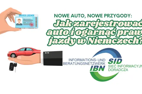 Ręka trzyma prawo jazdy, kluczyki i czerwony samochód. Tekst: "Jak zarejestrować auto i ogarnąć prawo jazdy w Niemczech?".