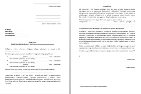 Formularz odwołania od decyzji ubezpieczyciela, zawierający dane szkody, uzasadnienie i żądanie zapłaty odszkodowania.