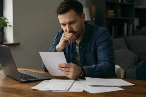 Mężczyzna zamyślony czyta dokumenty, martwiąc się o kary UFG. Na biurku laptop i kubek.