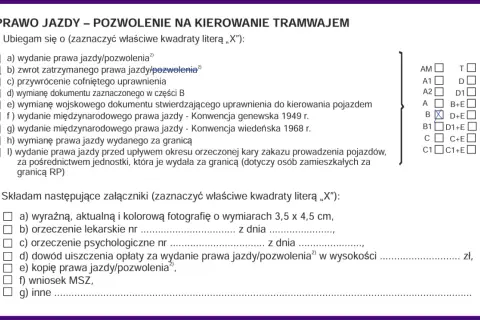 Formularz wniosku o zwrot zatrzymanego prawa jazdy po 3 latach zakazu. Zaznaczono opcję "zwrot zatrzymanego prawa jazdy/pozwolenia".