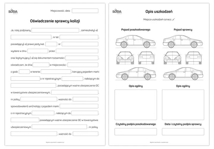 Oświadczenie sprawcy szkody: formularz do wypełnienia przez sprawcę kolizji, zawierający dane kierowcy, pojazdu i opis zdarzenia.