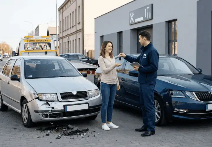 Kobieta odbiera kluczyki do auta zastępczego z OC sprawcy od pracownika serwisu. Obok stoi uszkodzony samochód.
