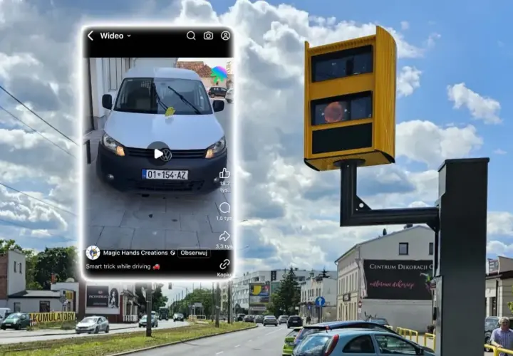 Chcesz wiedzieć, jak zapłacić mandat z fotoradaru? Na ekranie widać biały bus i żółty fotoradar.