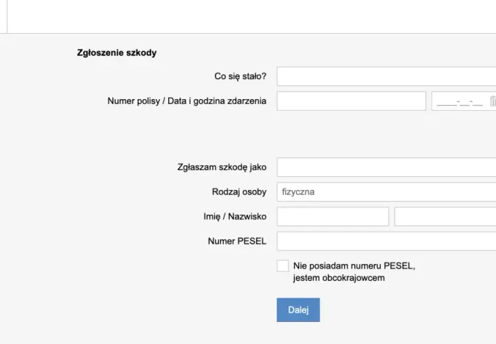 Formularz zgłoszenia szkody w Hestii. Wpisz dane polisy, datę i godzinę zdarzenia, a także informacje o sobie.