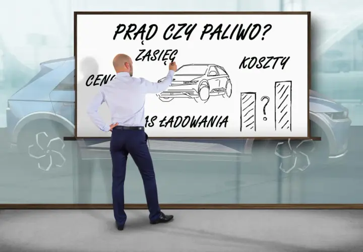 Mężczyzna pisze na tablicy "Prąd czy paliwo?", porównując zasięg, koszty i czas ładowania samochodu elektrycznego.