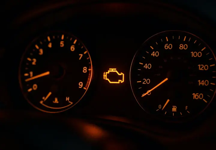 Pomarańczowa kontrolka check engine świeci się na desce rozdzielczej obok wskaźników obrotomierza i prędkościomierza.