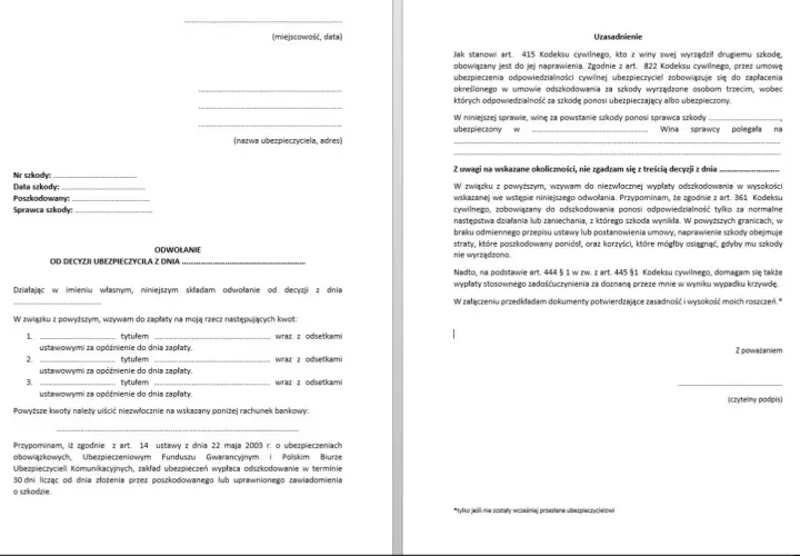 Formularz odwołania od decyzji ubezpieczyciela, zawierający dane szkody, uzasadnienie i żądanie zapłaty odszkodowania.
