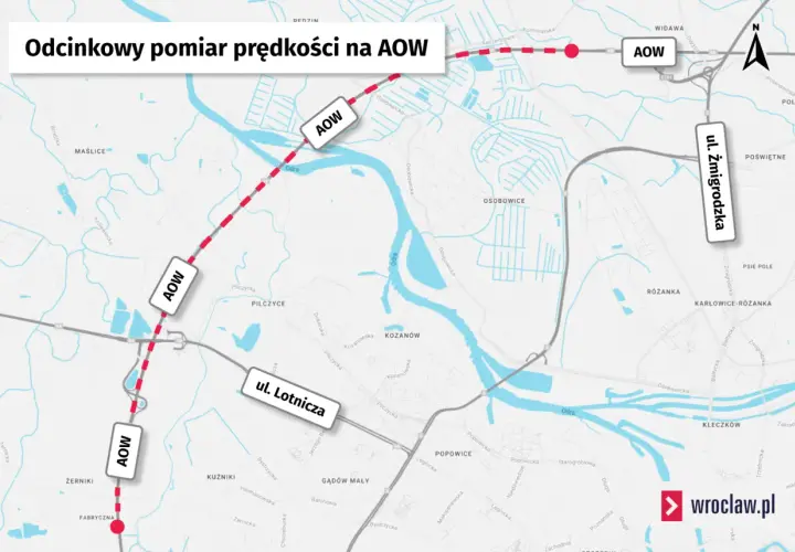 Mapa pokazuje odcinek AOW z zaznaczonym odcinkowym pomiarem prędkości. Czerwona linia z kropkami oznacza trasę pomiaru.