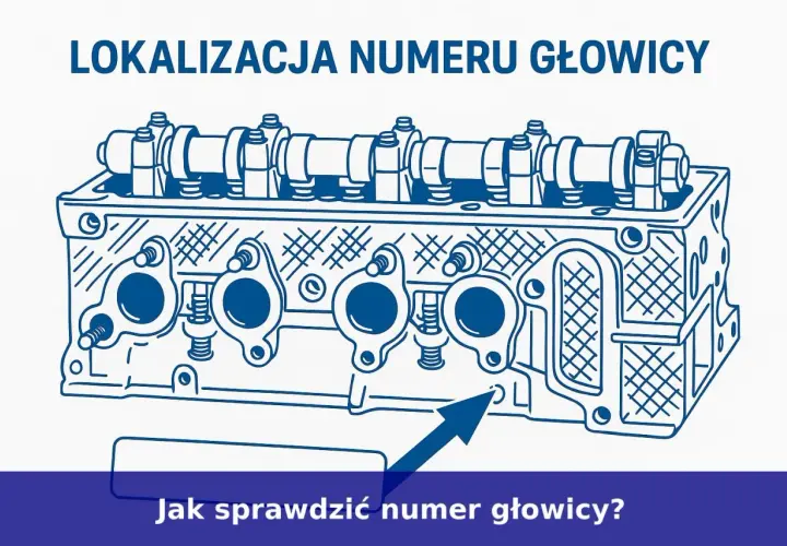 Schematyczna głowica silnika z zaznaczonym miejscem, gdzie znajduje się numer silnika. Strzałka wskazuje lokalizację numeru.