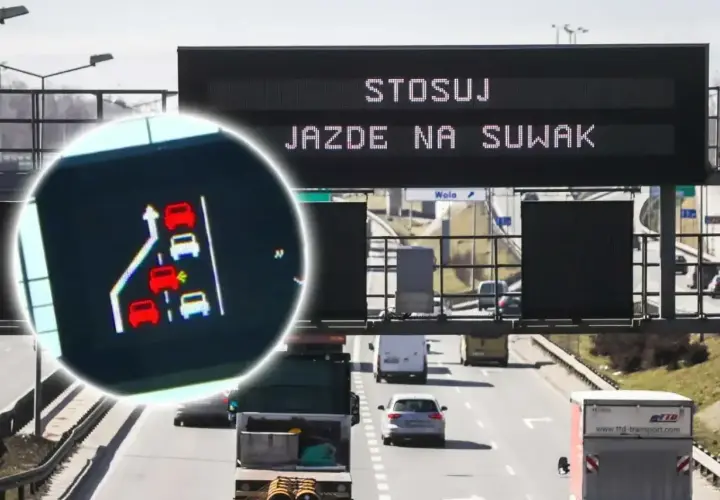 Znak drogowy informuje o konieczności stosowania jazdy na suwak. Na ekranie widoczny schemat samochodów włączających się do ruchu.