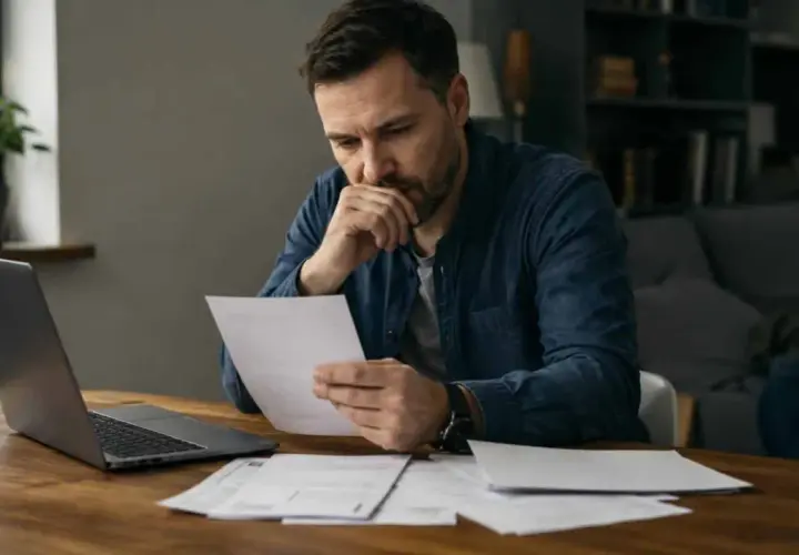 Mężczyzna zamyślony czyta dokumenty, martwiąc się o kary UFG. Na biurku laptop i kubek.