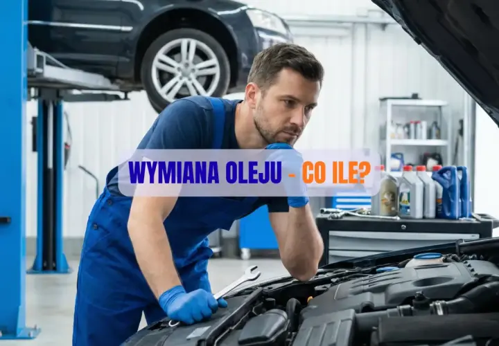 Mechanik w warsztacie zastanawia się, jak często wymieniać olej w samochodzie. Na półce widać butelki z olejem.