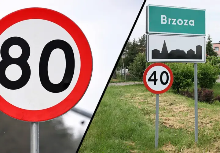 Dwa znaki drogowe: jeden z ograniczeniem prędkości do 80, drugi z napisem "Brzoza" i ograniczeniem do 40.