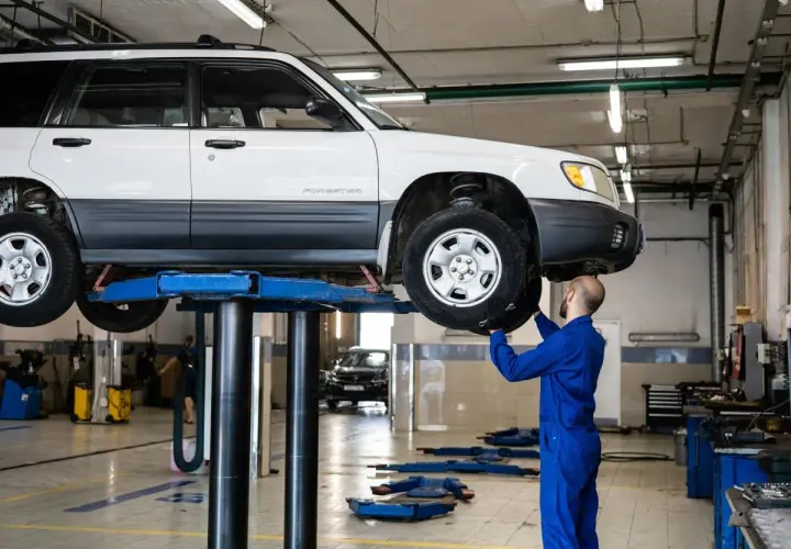 Mechanik w niebieskim kombinezonie naprawia podniesiony samochód, być może usuwając przyczynę piszczących hamulców.