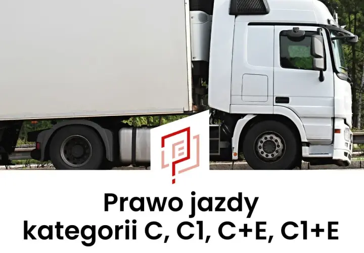 Biała ciężarówka z naczepą. Tekst: Prawo jazdy kategorii C, C1, C+E, C1+E. Marzysz o karierze kierowcy tira?