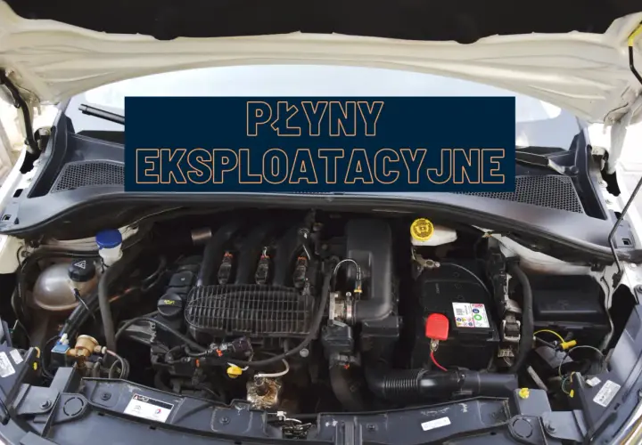 Widok otwartej maski samochodu z widocznym silnikiem i napisami "PŁYNY EKSPLOATACYJNE".