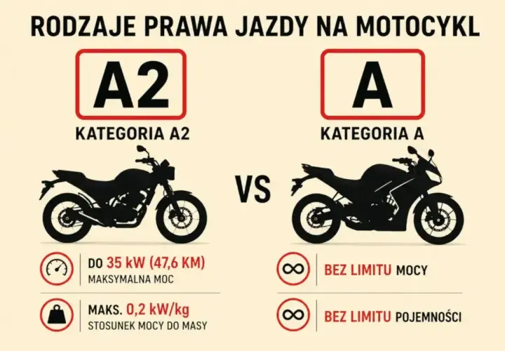 Porównanie kategorii A2 i A prawa jazdy na motocykl. A2 to motocykle do 35 kW, A to bez limitu mocy i pojemności.