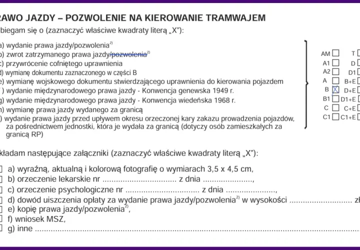 Formularz wniosku o zwrot zatrzymanego prawa jazdy po 3 latach zakazu. Zaznaczono opcję "zwrot zatrzymanego prawa jazdy/pozwolenia".