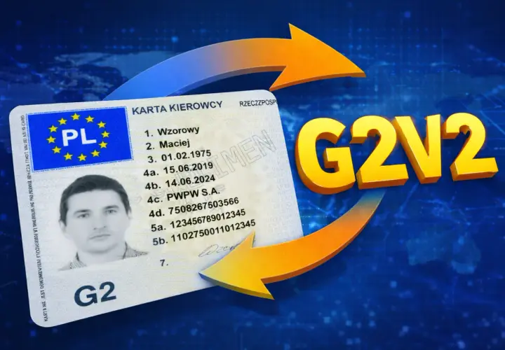 Karta kierowcy G2. G2V2 symbolizuje proces, gdzie odesłać kartę kierowcy.