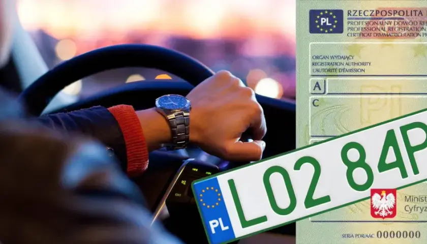 Ręka kierowcy na kierownicy, obok zielone tablice rejestracyjne z numerem L02 84P95 i dowód rejestracyjny.