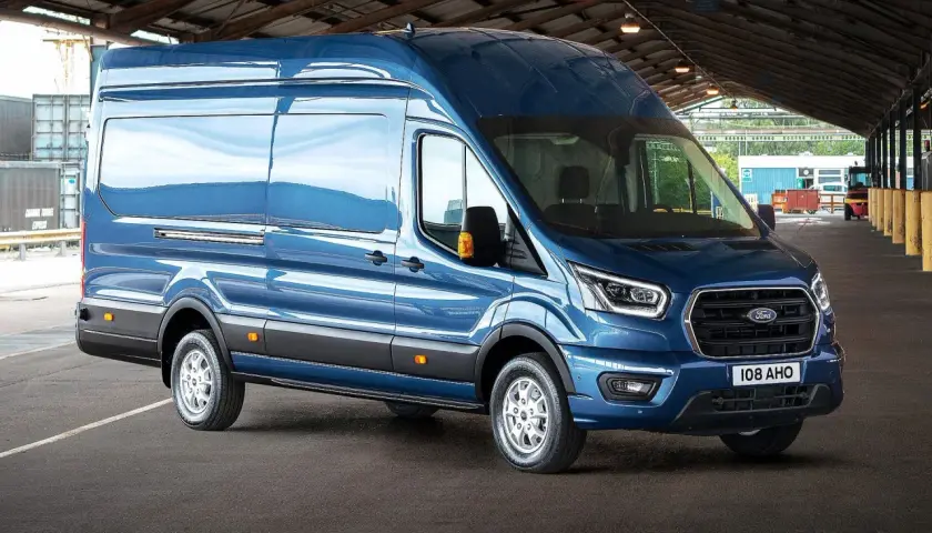 Niebieski Ford Transit zaparkowany pod zadaszeniem, widok z przodu i z boku.