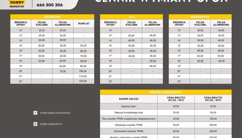 Cennik wymiany opon w Dobrym Warsztacie. Sprawdź, ile kosztuje wymiana opon w zależności od rozmiaru i typu felgi.