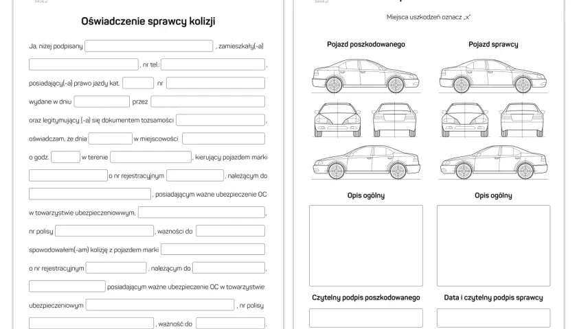 Oświadczenie sprawcy szkody: formularz do wypełnienia przez sprawcę kolizji, zawierający dane kierowcy, pojazdu i opis zdarzenia.