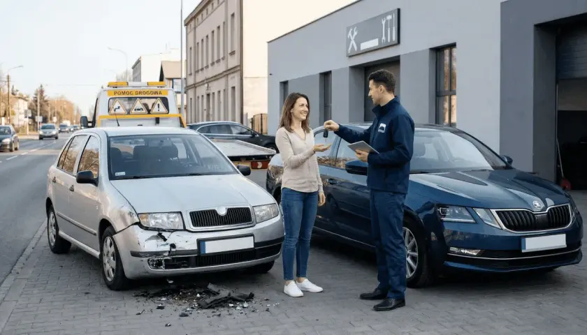 Kobieta odbiera kluczyki do auta zastępczego z OC sprawcy od pracownika serwisu. Obok stoi uszkodzony samochód.