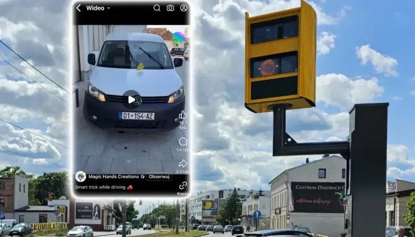 Chcesz wiedzieć, jak zapłacić mandat z fotoradaru? Na ekranie widać biały bus i żółty fotoradar.