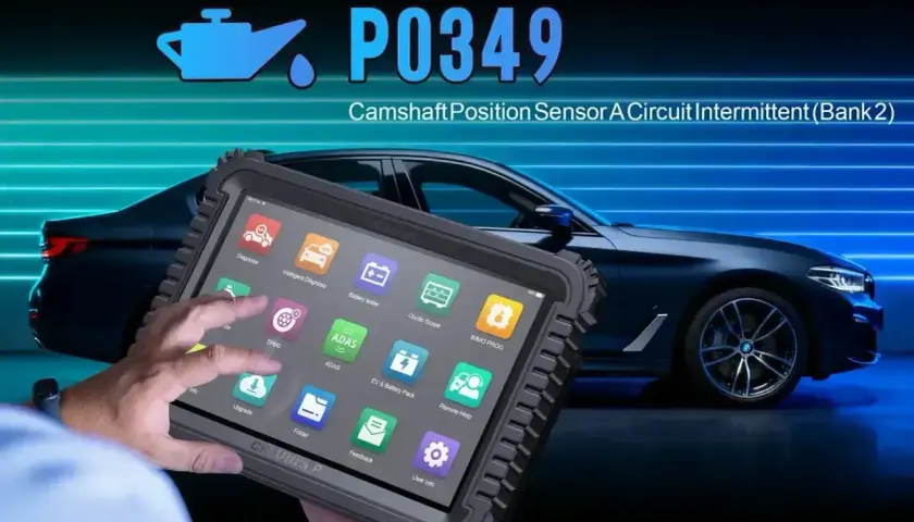 Diagnostyka P0349: czujnik położenia wału objawy. Tablet diagnostyczny pokazuje błąd czujnika wału korbowego.