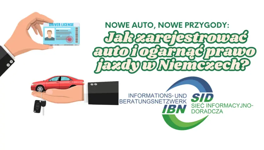 Ręka trzyma prawo jazdy, kluczyki i czerwony samochód. Tekst: "Jak zarejestrować auto i ogarnąć prawo jazdy w Niemczech?".