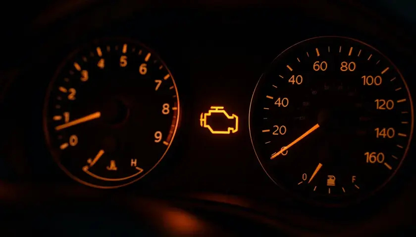 Pomarańczowa kontrolka check engine świeci się na desce rozdzielczej obok wskaźników obrotomierza i prędkościomierza.