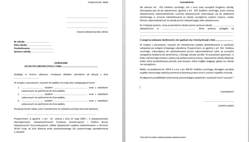 Formularz odwołania od decyzji ubezpieczyciela, zawierający dane szkody, uzasadnienie i żądanie zapłaty odszkodowania.