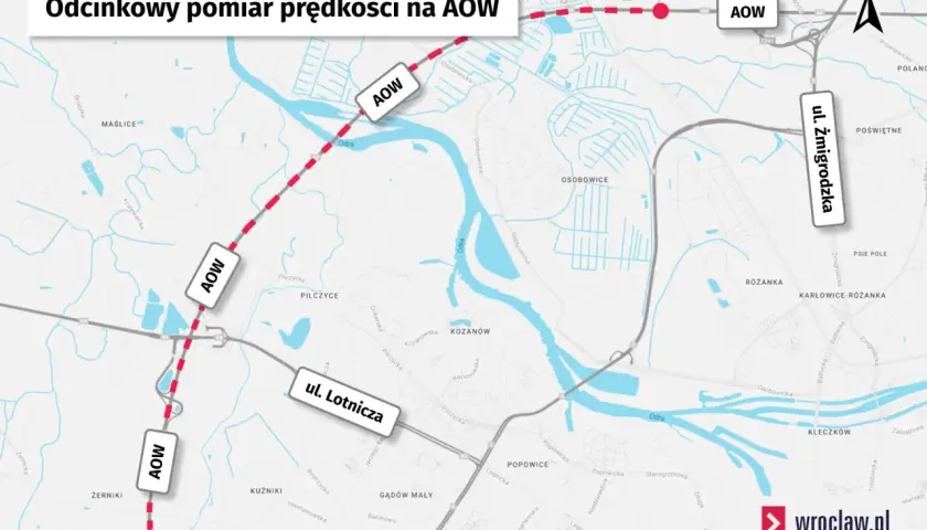 Mapa pokazuje odcinek AOW z zaznaczonym odcinkowym pomiarem prędkości. Czerwona linia z kropkami oznacza trasę pomiaru.