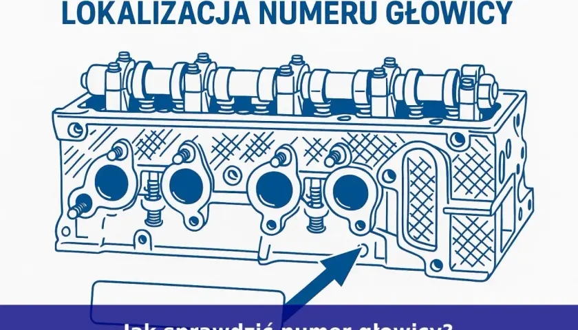 Schematyczna głowica silnika z zaznaczonym miejscem, gdzie znajduje się numer silnika. Strzałka wskazuje lokalizację numeru.