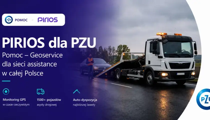 PZU Pomoc w drodze: laweta holuje auto na drodze. Usługa Geoservice dla sieci assistance w całej Polsce.